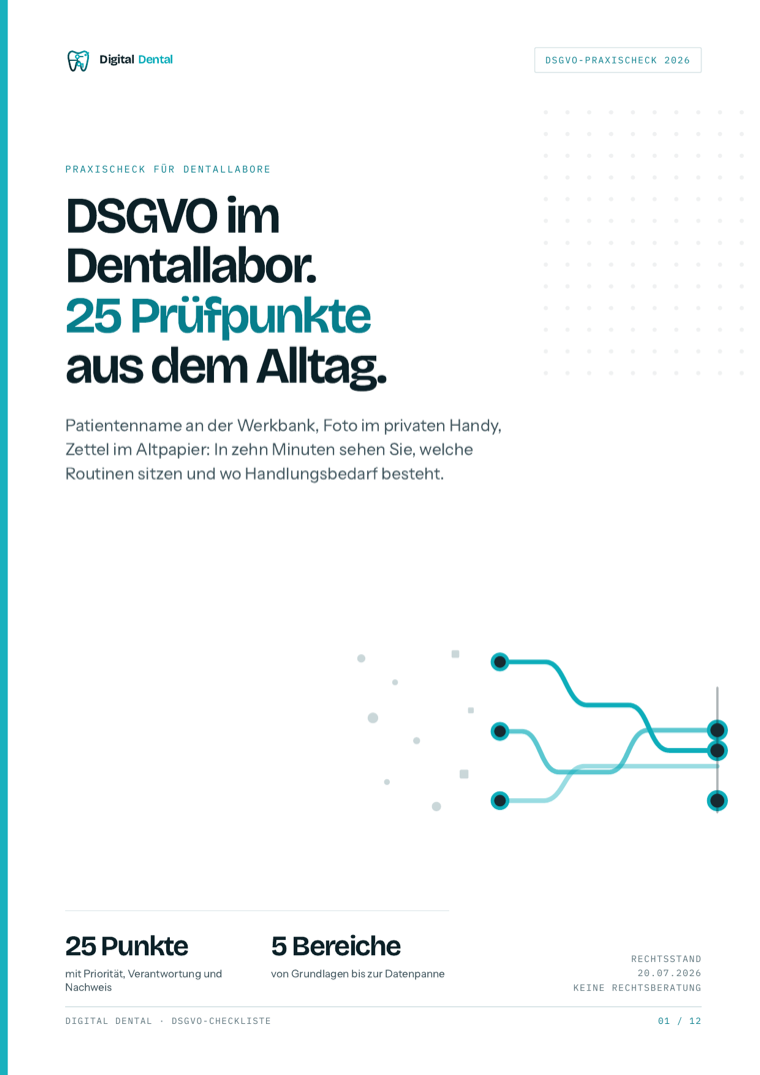 Titelseite der Checkliste: DSGVO im Dentallabor, 25 Prüfpunkte